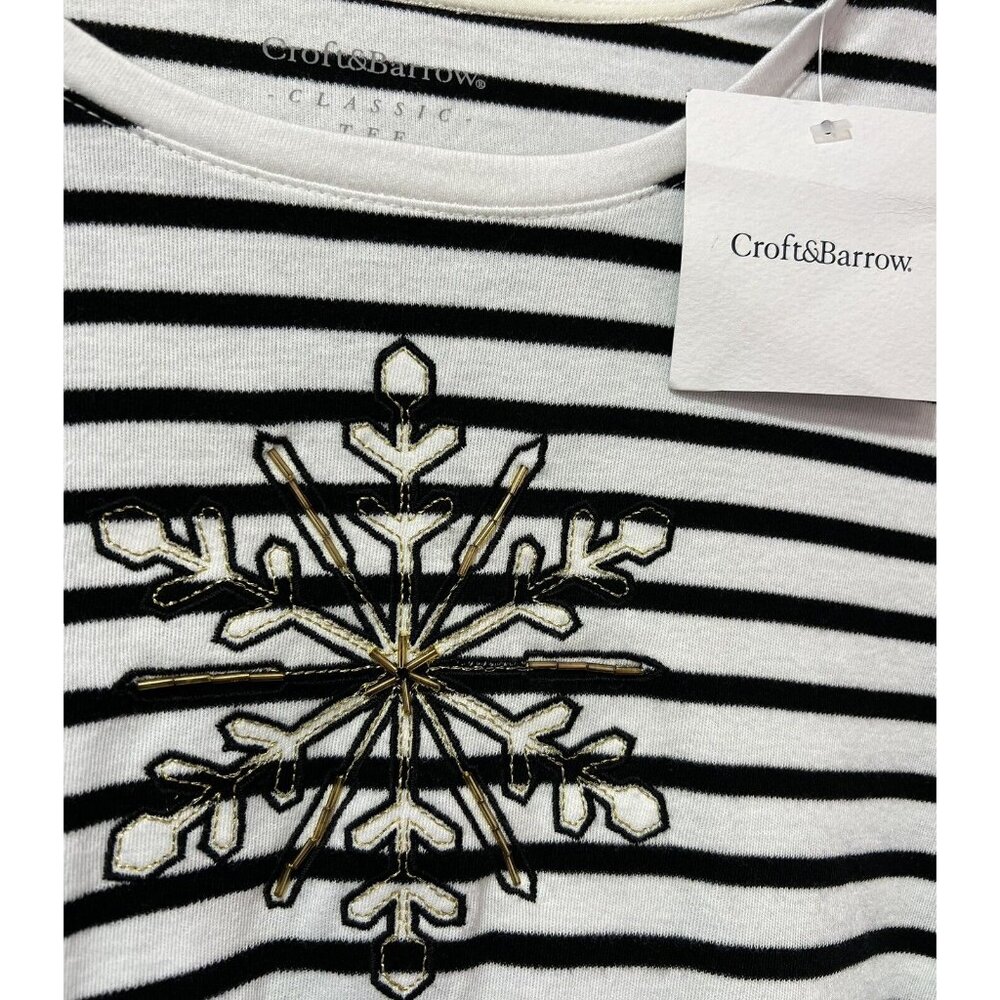 NWT croft barrow women classic tee shirt Small Striped Black White Long Sleeves - Picture 3 of 10